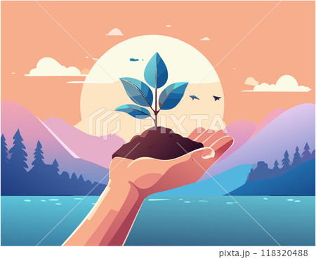 Hand holding soil in for planting. Environmental growth, save planet friendly. 118320488