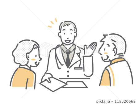 医師のアドバイスを受けるシニア夫婦　シンプルでお洒落な線画イラスト 118320668