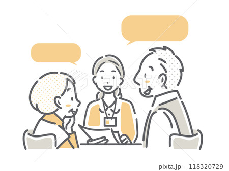 職員からアドバイスを受けるシニア夫婦　シンプルでお洒落な線画イラスト 118320729