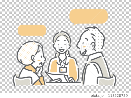 職員からアドバイスを受けるシニア夫婦　シンプルでお洒落な線画イラスト 118320729