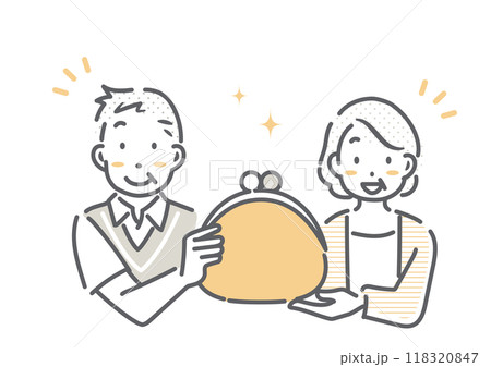 お金のことを考えるシニア夫婦　シンプルでお洒落な線画イラスト 118320847