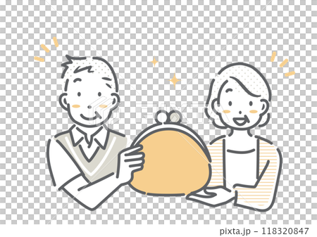お金のことを考えるシニア夫婦　シンプルでお洒落な線画イラスト 118320847