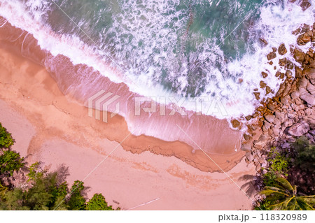 Top view Beautiful sea beach and waves texture in sunny summer day background,Phuket beach Thailand 118320989