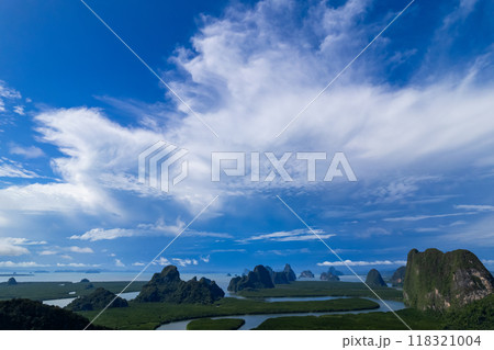 Aerial view Drone shot of Sametnangshe landscape view located in Phang-nga Thailand Beautiful sea Amazing landscape nature view 118321004
