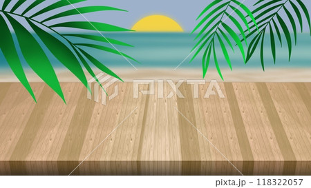 Empty wooden floor for product display montages with sea background, White wood table top on blur beach background, tropical sunset beach, Summer tropical sea beach with waves, palm leaves, blue sky Empty wooden floor for product display montages with sea background, White wood table top on blur beach background, tropical sunset beach, Summer tropical sea beach with waves, palm leaves, blue sky 118322057