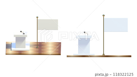 podiums with microphones standing on stage with nation flags, speech podium with small microphones is portrayed, Debate tribune podiums with microphone, 3d public presentation tribune podiums with microphones standing on stage with nation flags, speech podium with small microphones is portrayed, Debate tribune podiums with microphone, 3d public presentation tribune 118322125