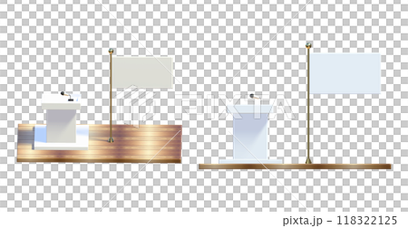 podiums with microphones standing on stage with nation flags, speech podium with small microphones is portrayed, Debate tribune podiums with microphone, 3d public presentation tribune 118322125