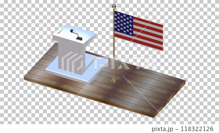 podiums with microphones standing on stage with nation flags, speech podium with small microphones is portrayed, Debate tribune podiums with microphone, 3d public presentation tribune, American Flag 118322126