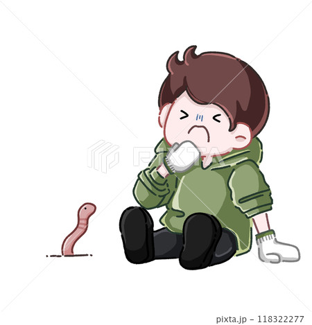 作業をしていたらミミズに出会ってビックリしている男性 118322277