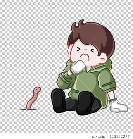 作業をしていたらミミズに出会ってビックリしている男性 118322277