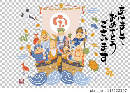 2025蛇年賀年片-簡單可愛寶船上的七福神插畫 2025蛇年賀年片-簡單可愛寶船上的七福神插畫 118322397