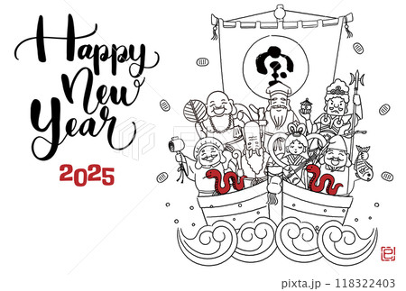 2025年巳年年賀状 シンプルでかわいい宝船に乗った七福神のイラスト 2025年巳年年賀状 シンプルでかわいい宝船に乗った七福神のイラスト 118322403