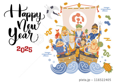 2025年巳年年賀状　シンプルでかわいい宝船に乗った七福神のイラスト 118322405