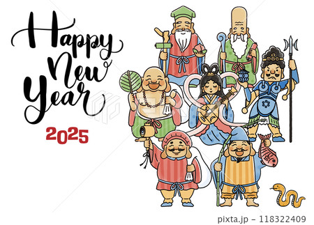 2025年巳年年賀状 シンプルでかわいい七福神のイラスト 2025年巳年年賀状 シンプルでかわいい七福神のイラスト 118322409