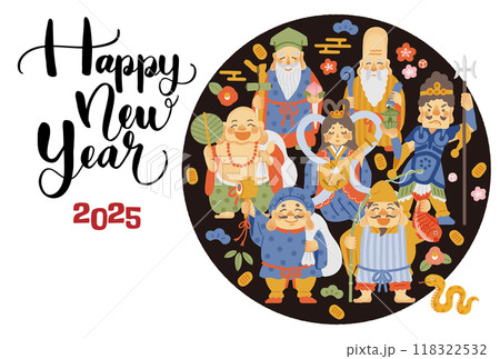2025年巳年年賀状 シンプルでかわいい七福神のイラスト 2025年巳年年賀状 シンプルでかわいい七福神のイラスト 118322532