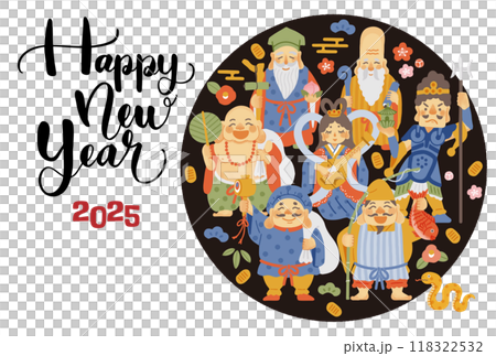 2025年巳年年賀状 シンプルでかわいい七福神のイラスト 2025年巳年年賀状 シンプルでかわいい七福神のイラスト 118322532
