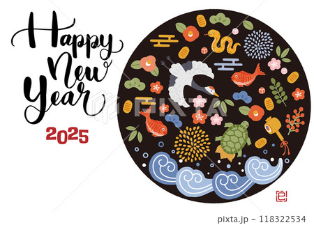 2025年巳年年賀状 鶴亀や松竹梅など縁起物のイラスト 2025年巳年年賀状 鶴亀や松竹梅など縁起物のイラスト 118322534