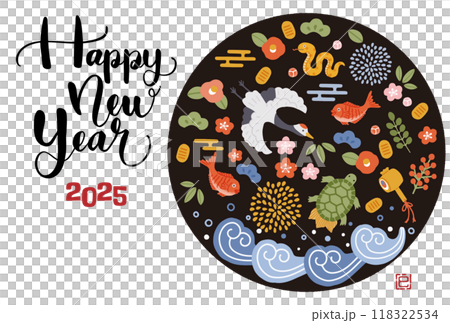 2025年巳年年賀状 鶴亀や松竹梅など縁起物のイラスト 2025年巳年年賀状 鶴亀や松竹梅など縁起物のイラスト 118322534
