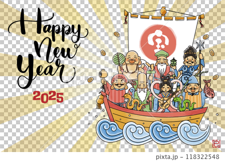 2025 Year of the Snake New Year's card - A simple and cute illustration of the Seven Lucky Gods riding on a treasure ship 118322548