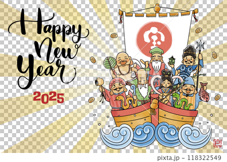 2025年巳年年賀状　シンプルでかわいい宝船に乗った七福神のイラスト 118322549
