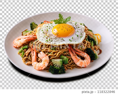 Mie Goreng Stir fried yellow noodles with shrimp chicken and vegetables tossed in savory sweet 118322846