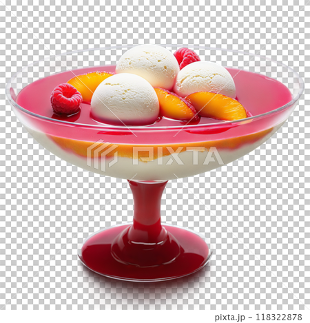Peach melba poached peach halves raspberry sauce vanilla ice cream in a clear glass dish 118322878