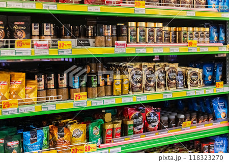 different producers and types of coffee packaging on store shelves. grocery shop, supermarket. Nescafe coffee, Jardin and others a lot. Pavlodar, Kazakhstan 04.09.2024 different producers and types of coffee packaging on store shelves. grocery shop, supermarket. Nescafe coffee, Jardin and others a lot. Pavlodar, Kazakhstan 04.09.2024 118323270