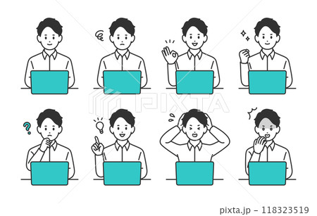 パソコンを見ながらいろいろな表情・ポーズをする若い男性のセット【人物ベクターイラスト素材】 パソコンを見ながらいろいろな表情・ポーズをする若い男性のセット【人物ベクターイラスト素材】 118323519