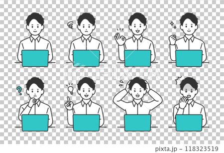 パソコンを見ながらいろいろな表情・ポーズをする若い男性のセット【人物ベクターイラスト素材】 パソコンを見ながらいろいろな表情・ポーズをする若い男性のセット【人物ベクターイラスト素材】 118323519