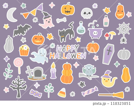 手描き風のハロウィンのイラストのセット　白ふち付きバージョン 118323851