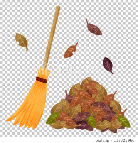 A pile of dead leaves and a broom - watercolor-style hand-drawn illustration A pile of dead leaves and a broom - watercolor-style hand-drawn illustration 118323966