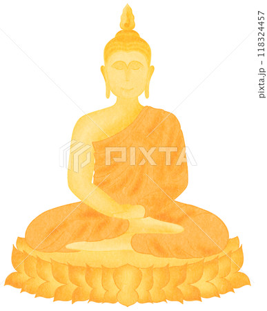 Golden Buddha statue meditating on a lotus base 118324457