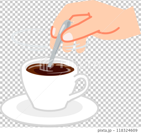 Hands stirring the contents of a coffee cup with a spoon 118324609