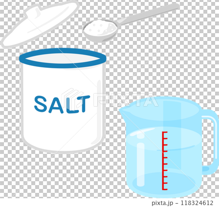 Salt scooped into a measuring spoon and water in a measuring cup Salt scooped into a measuring spoon and water in a measuring cup 118324612