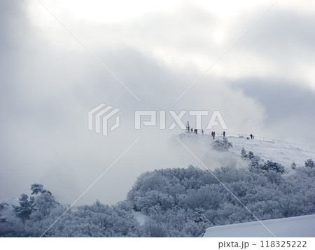 Winter landscape on the top of the mountain. Trees in the snow. Nature background. North Pole Winter landscape on the top of the mountain. Trees in the snow. Nature background. North Pole 118325222