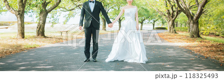 公園の並木道を手を繋いで歩くドレス姿のカップル(ウェディング・ウェディングフォト・新郎新婦) 公園の並木道を手を繋いで歩くドレス姿のカップル(ウェディング・ウェディングフォト・新郎新婦) 118325493