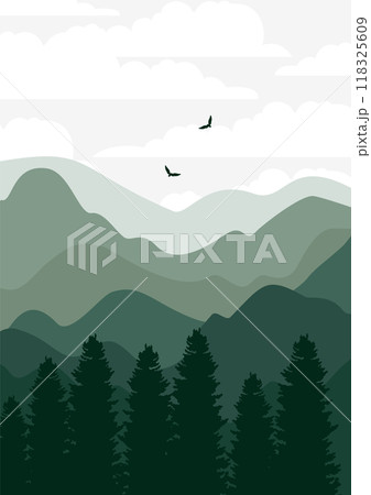 Silhouette of pine tree forest in the mountains. Aesthetic green landscape 2d illustration Silhouette of pine tree forest in the mountains. Aesthetic green landscape 2d illustration 118325609