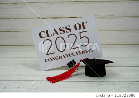 Class of 2025 and Congratulations text on paper card with 118325690