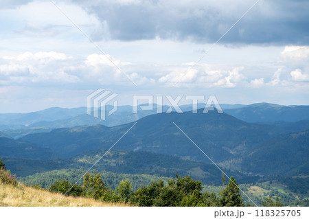 Mountains ranges in the Carpathians. Hills, forest and meadows Mountains ranges in the Carpathians. Hills, forest and meadows 118325705