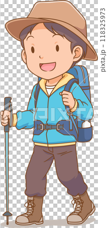 Cartoon character of hiker boy with backpack and walking pole. 118325973