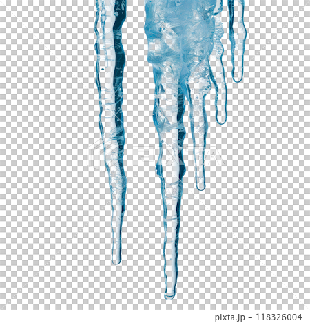 Close-up of icicles hanging from a surface, isolated on a transparent background. Symbolizes cold, winter, and frozen water. Perfect for winter projects, seasonal decorations. 118326004