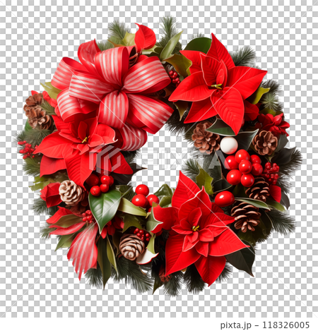 Christmas wreath with red bows, ornaments, pine cones, and berries, isolated on a transparent background. Symbolizes the festive atmosphere and decor for Christmas and New Year celebrations 118326005