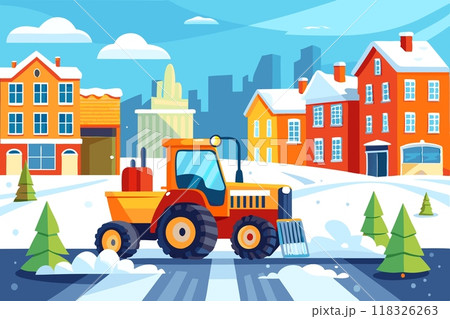 Tractor, snowplow clears city streets from snow 118326263
