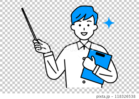一個休閒男子拿著剪貼板和指令棒並解釋 118326538