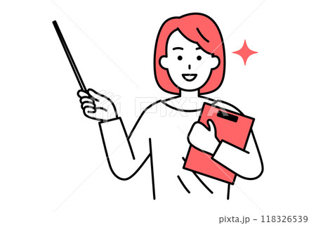 クリップボードと指示棒を持って説明するカジュアルな女性 118326539