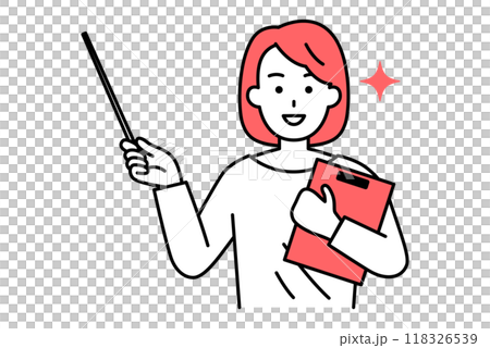 クリップボードと指示棒を持って説明するカジュアルな女性 118326539