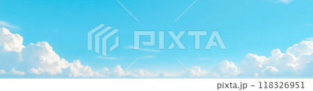 Panoramic sky banner, blue clear day, white fluffy clouds, wide horizon, serene atmosphere, peaceful background, expansive overhead view, nature beauty 118326951