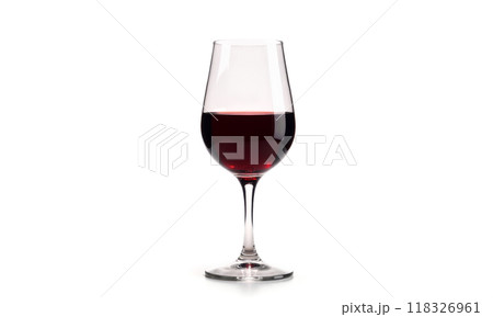 Red wine in elegant glass centered on white background, moderate pour, clear stemware for dining and celebration imagery 118326961