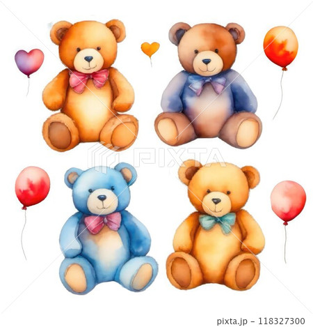 Four cute teddy bears in various colors are surrounded by vibrant balloons, perfect for children's room decoration or party themes, bringing joy and warmth. 118327300