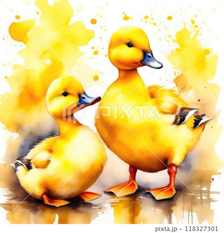 Bright yellow ducks are depicted side by side on a vibrant watercolor backdrop, showcasing their playful demeanor in a joyful outdoor environment. 118327301